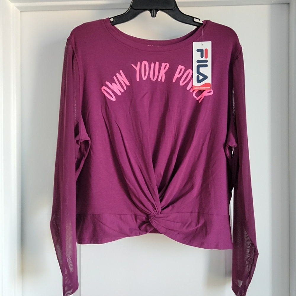 NWT 1X FILA Curve Collection Purple Own Your Power LS Mixed Media Active Gym Top